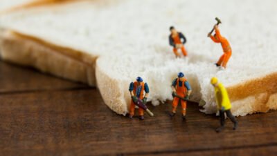 Trabalhadores de minutas que trabalham em fatias de pão