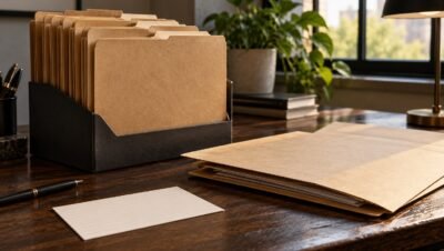Pastas de documentos organizadas em um arquivo de mesa; imagem ilustrativa de investigação particular